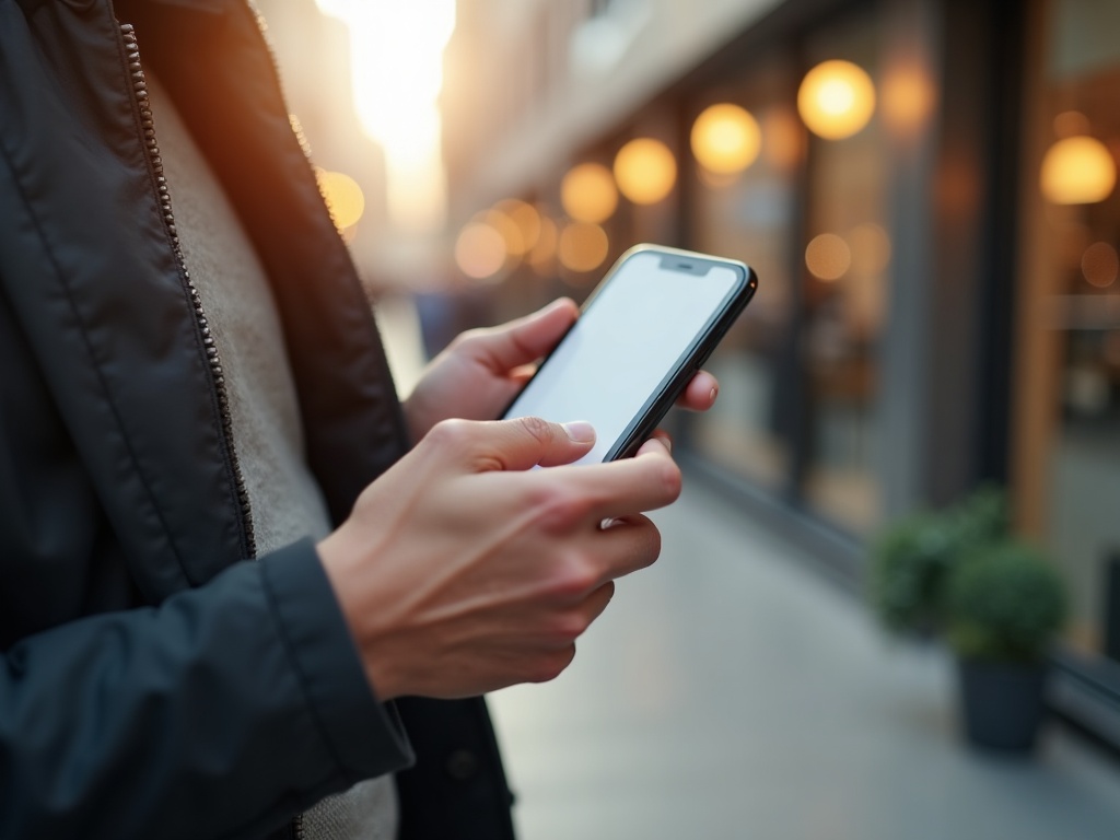 Person using mobile phone to search for nearby businesses with voice command