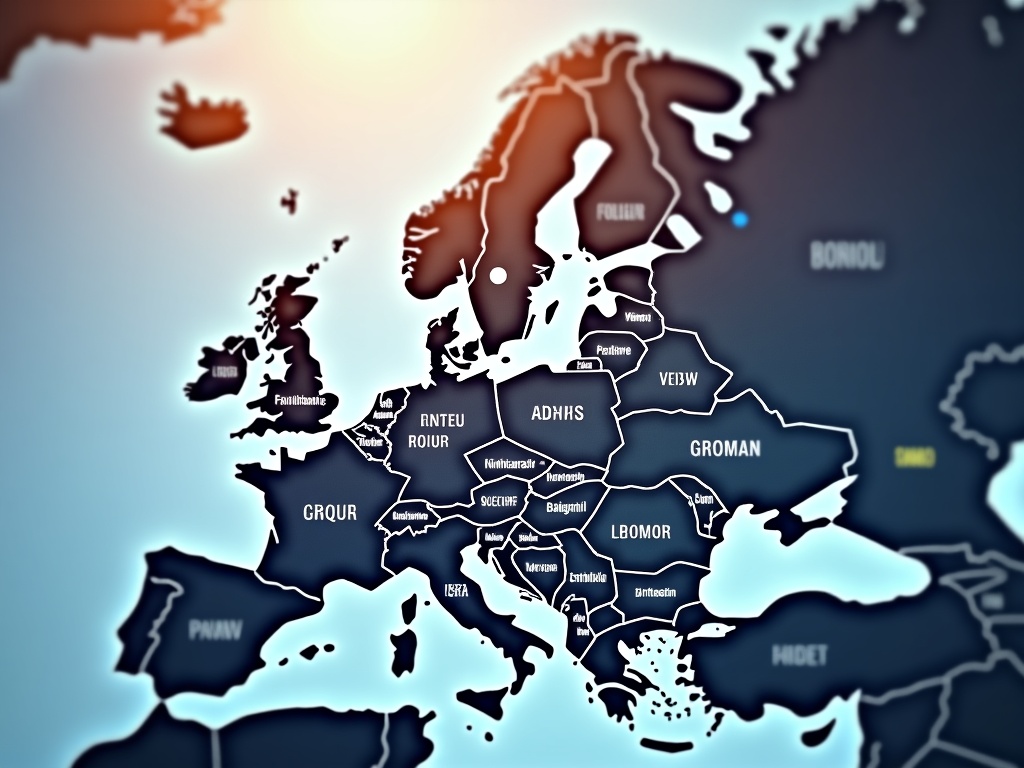 Mapa de Europa con indicadores de SEO multilingüe y GDPR